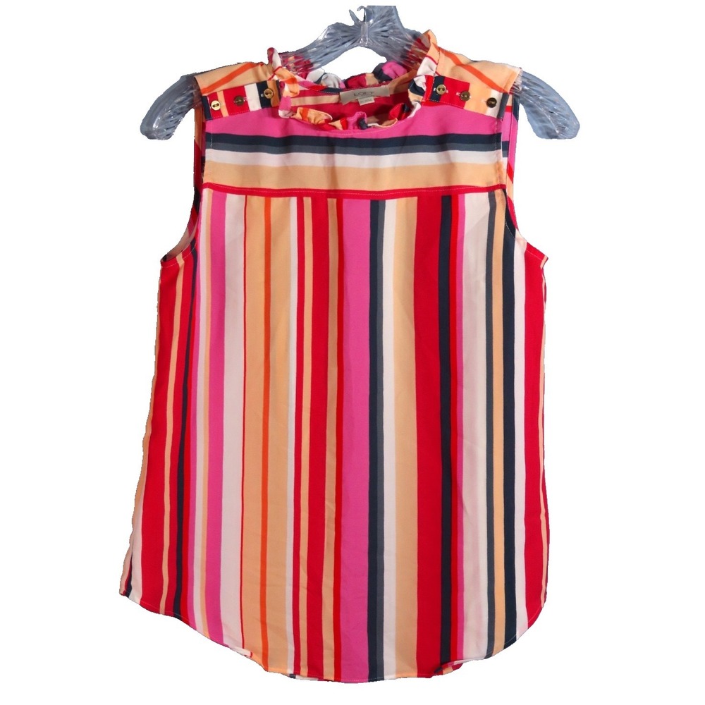 LOFT Ann Taylor CANDY STRIPE BLOUSE Crepe Chiffon RUFFLE TRIM Tank Top SIZE XS